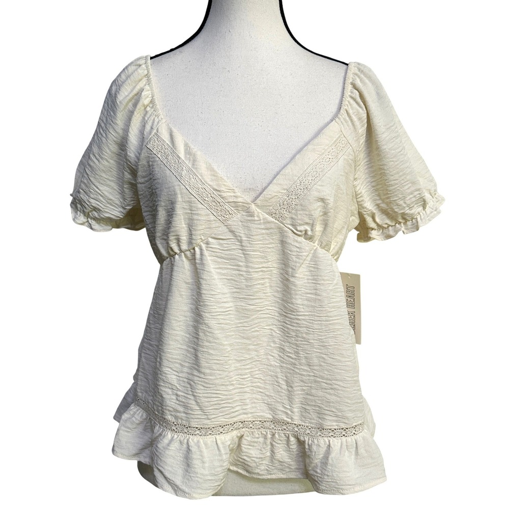 Derek Heart Cream Puff Sleeve‎ Blouse XL Lace Trim Cottagecore Coquette Romantic